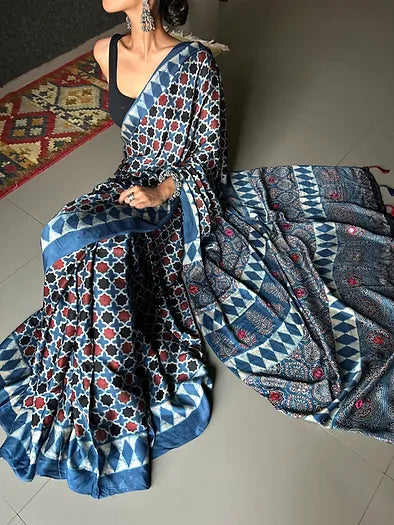 Shatranj indigo distressed silk saree