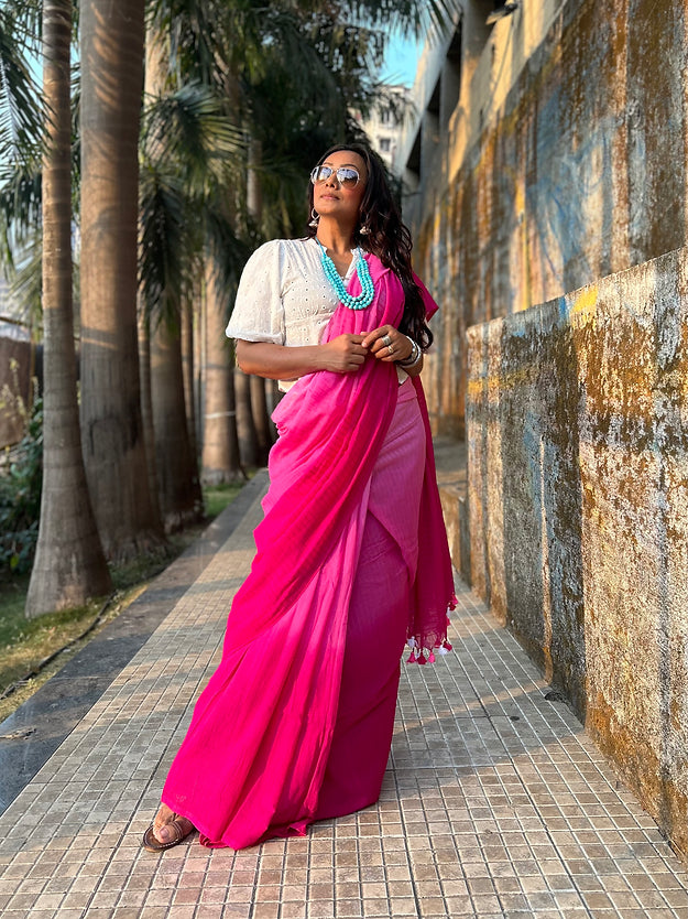 Gulabi ombre tie-dye mul saree