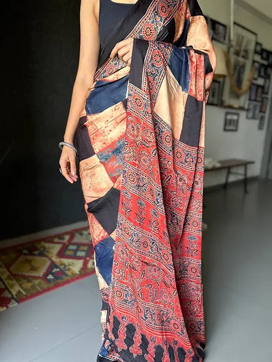 Rust checkered distressed silk saree