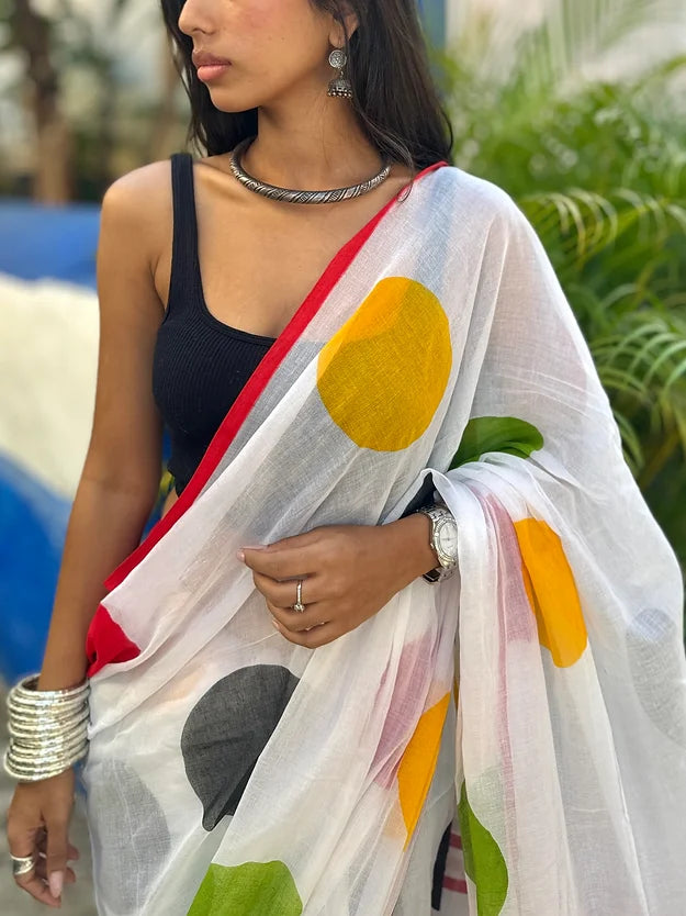 White multi polka mul saree