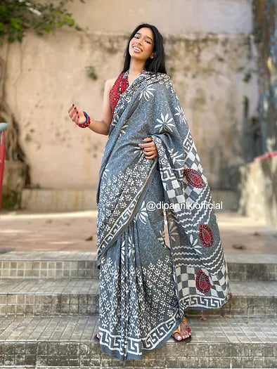 Grey mul cotton saree