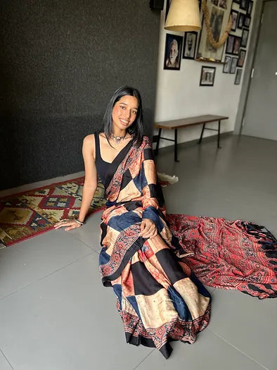 Rust checkered distressed silk saree
