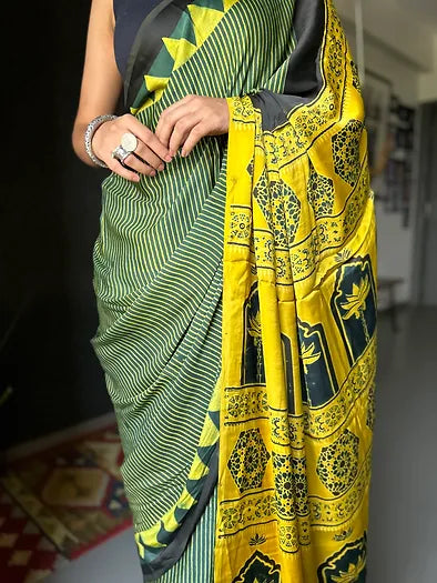 Mehendi distressed silk saree