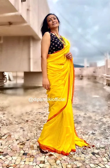 Sunshine yellow tikli mul saree