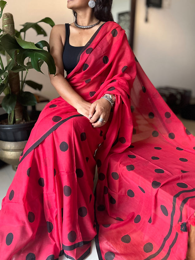 Red mini polka saree