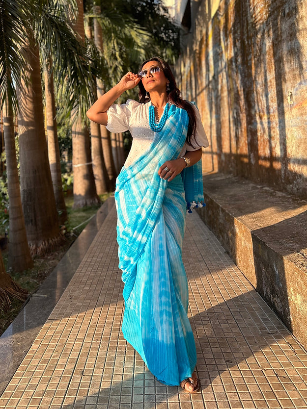 Sky tie-dye mul saree