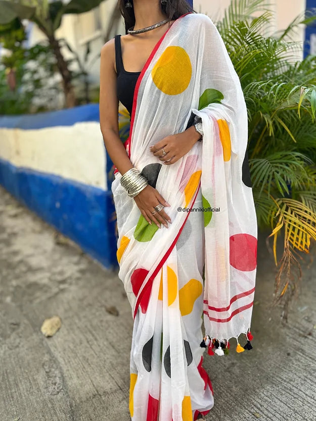 White multi polka mul saree