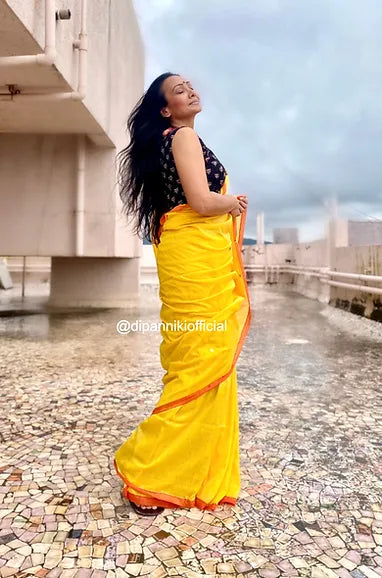 Sunshine yellow tikli mul saree