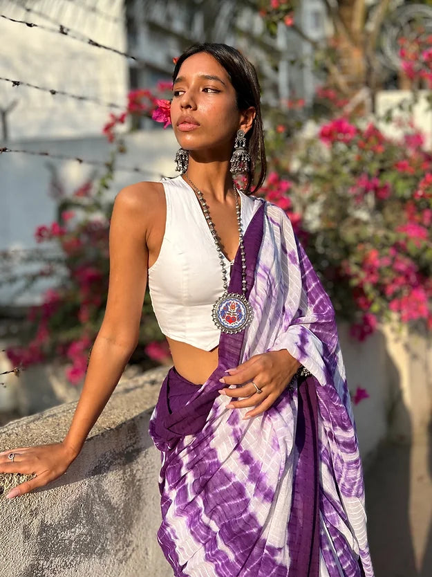 Purple tie-dye mul saree