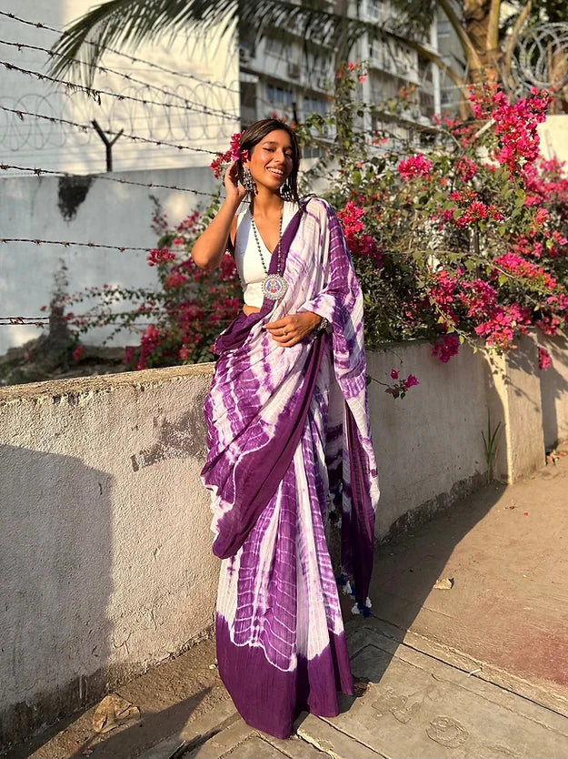 Purple tie-dye mul saree