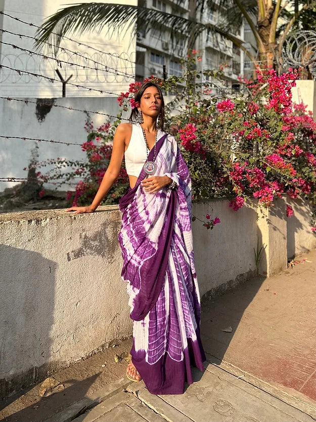 Purple tie-dye mul saree