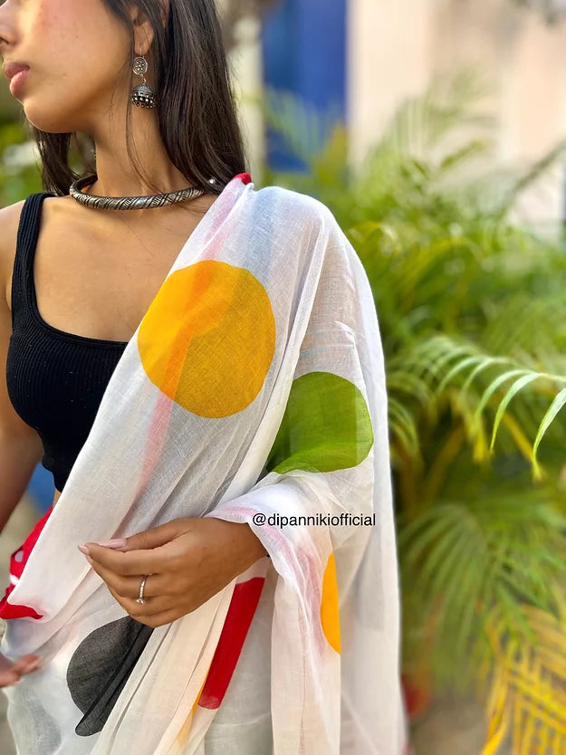 White multi polka mul saree
