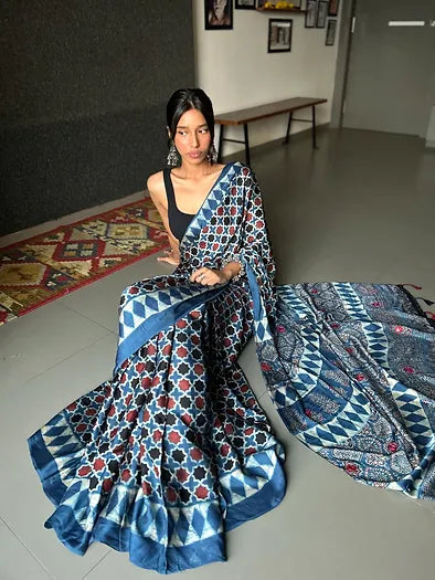 Shatranj indigo distressed silk saree