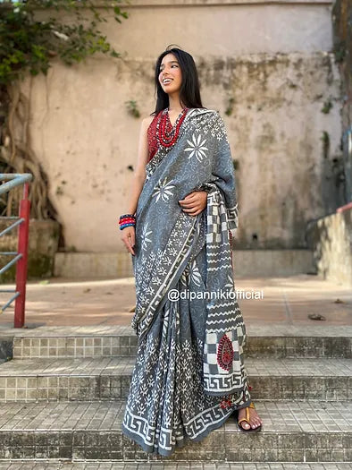 Grey mul cotton saree