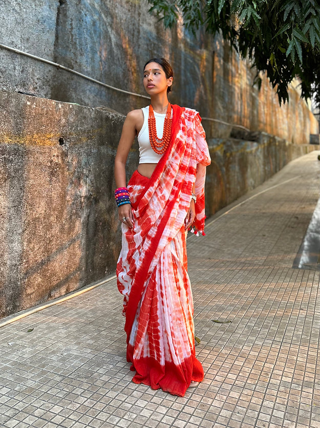 Candy orange Tie-dye mul saree