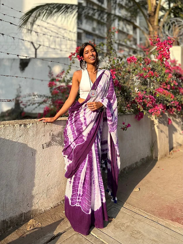 Purple tie-dye mul saree