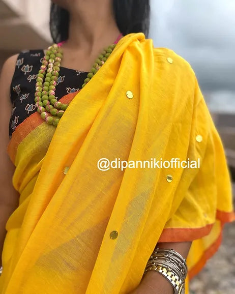 Sunshine yellow tikli mul saree