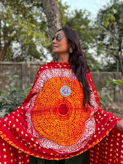 Deep red yellow Bandhani Modal Silk Dupatta