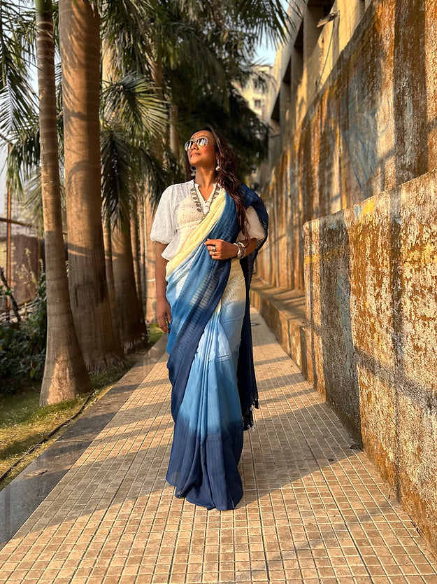 Blue ombre tie-dye mul saree
