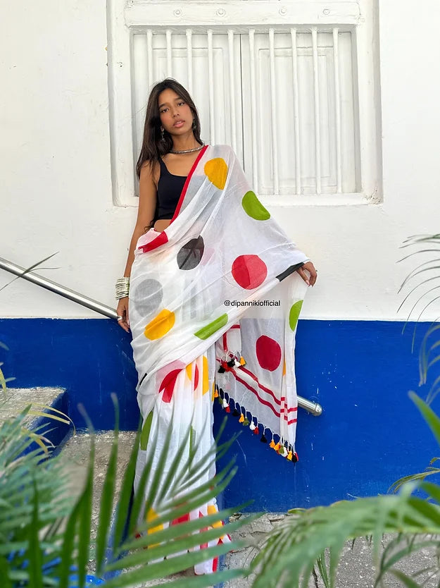 White multi polka mul saree