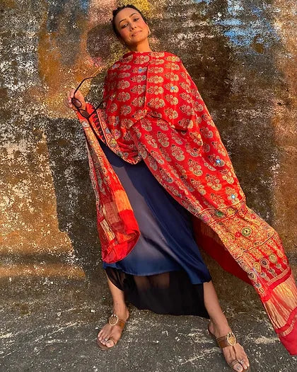 Red Pammi modal silk dupatta with Zari