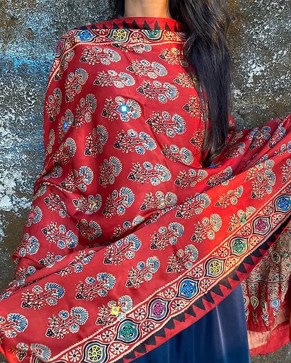 Red Pammi modal silk dupatta with Zari