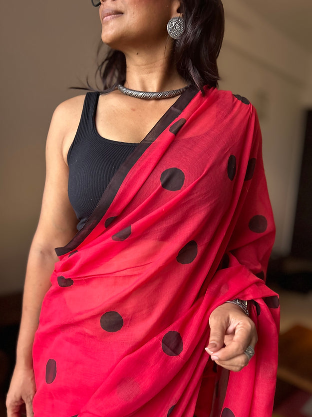Red mini polka saree