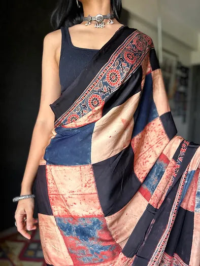 Rust checkered distressed silk saree