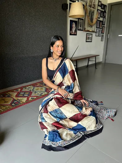 Checkered distressed silk saree