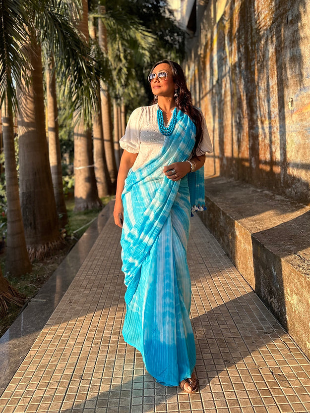 Sky tie-dye mul saree