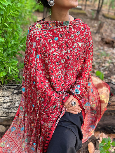 Red floral modal silk dupatta with Zari