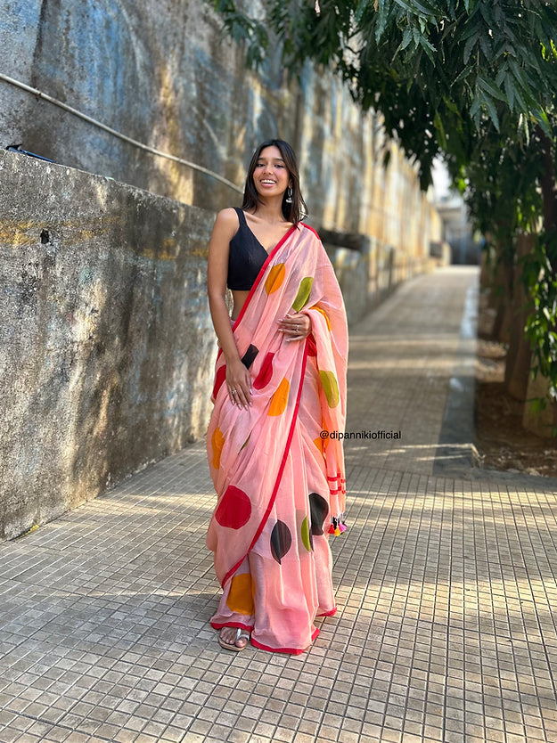 Peachy polka mul saree