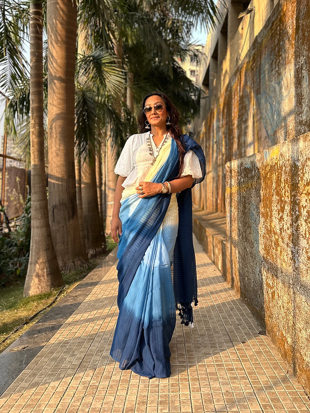 Blue ombre tie-dye mul saree
