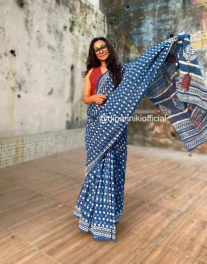 Polka Indigo Mul Cotton saree