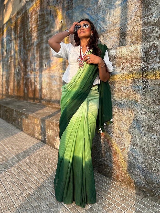 Green ombre tie-dye mul saree