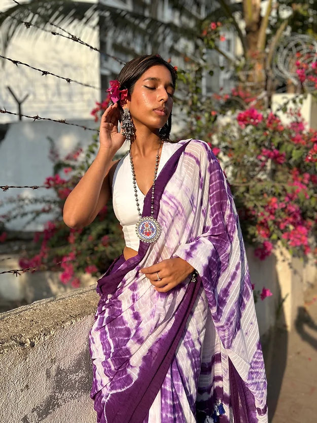 Purple tie-dye mul saree
