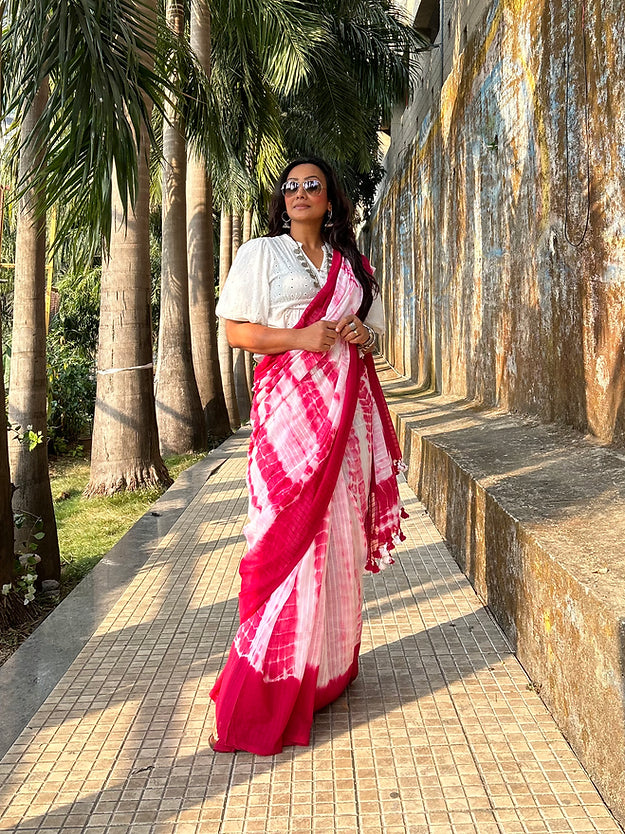 Candy pink Tie-dye mul saree