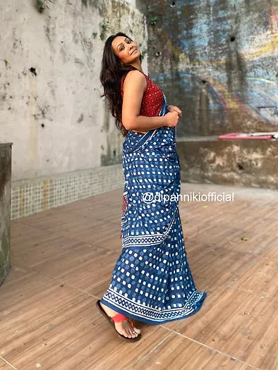 Polka Indigo Mul Cotton saree