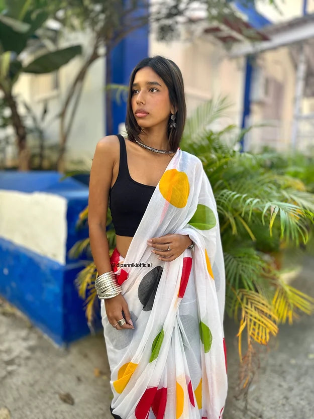 White multi polka mul saree