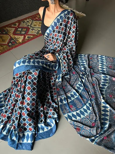 Shatranj indigo distressed silk saree
