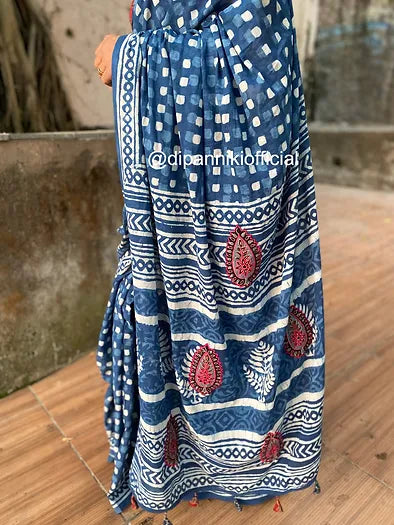 Polka Indigo Mul Cotton saree