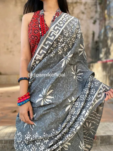 Grey mul cotton saree
