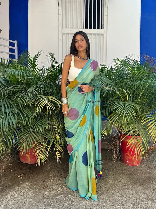 Minty polka mul saree
