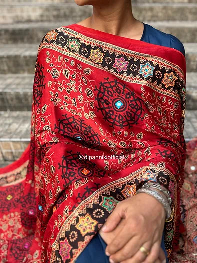 Red floral +jaal modal silk dupatta