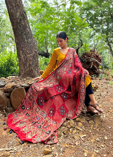Red stripes modal silk dupatta