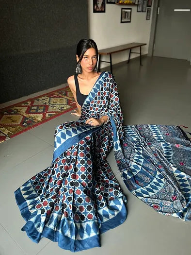 Shatranj indigo distressed silk saree