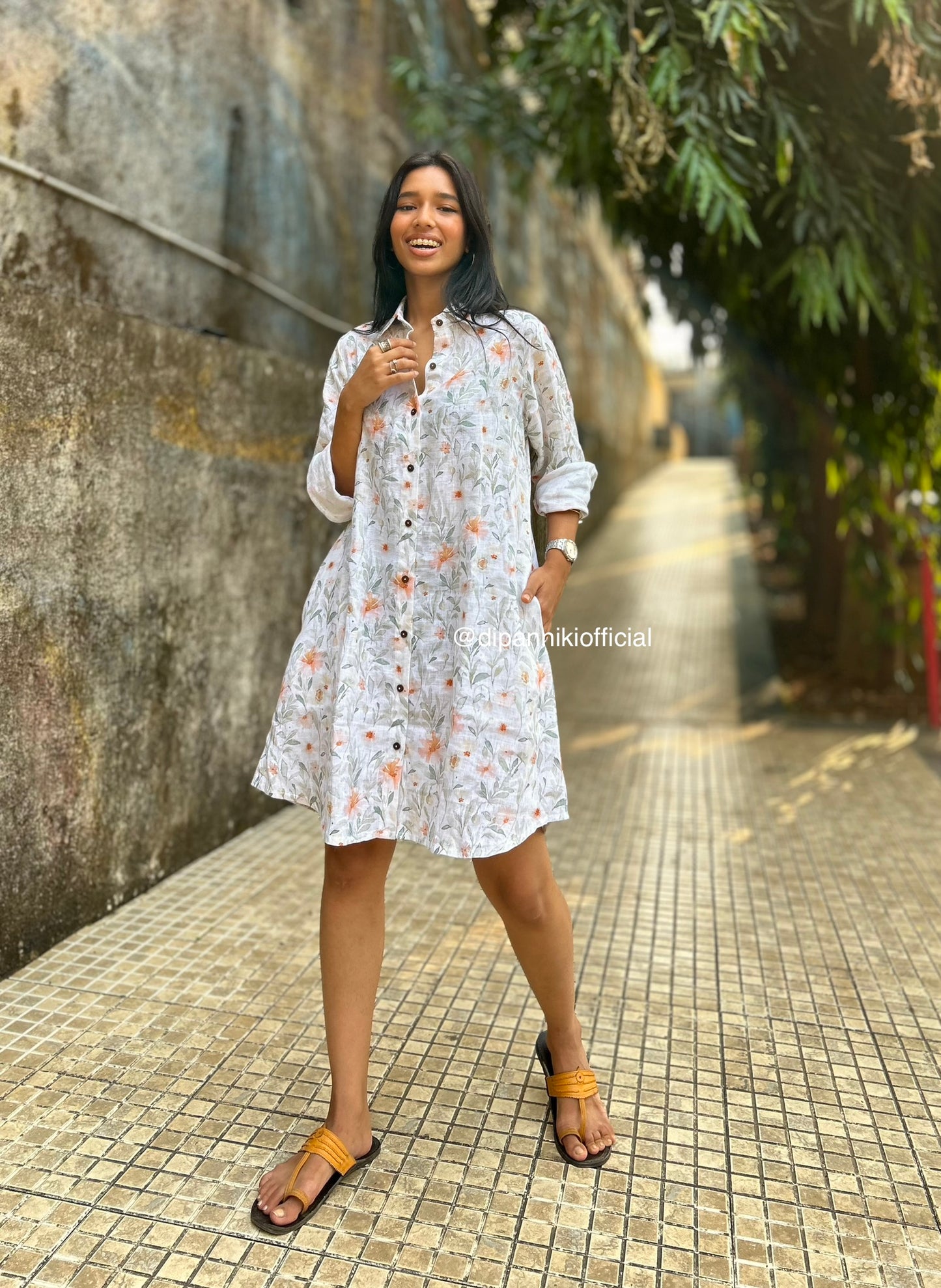 Watercolour jasmine Linen Shirt Dress