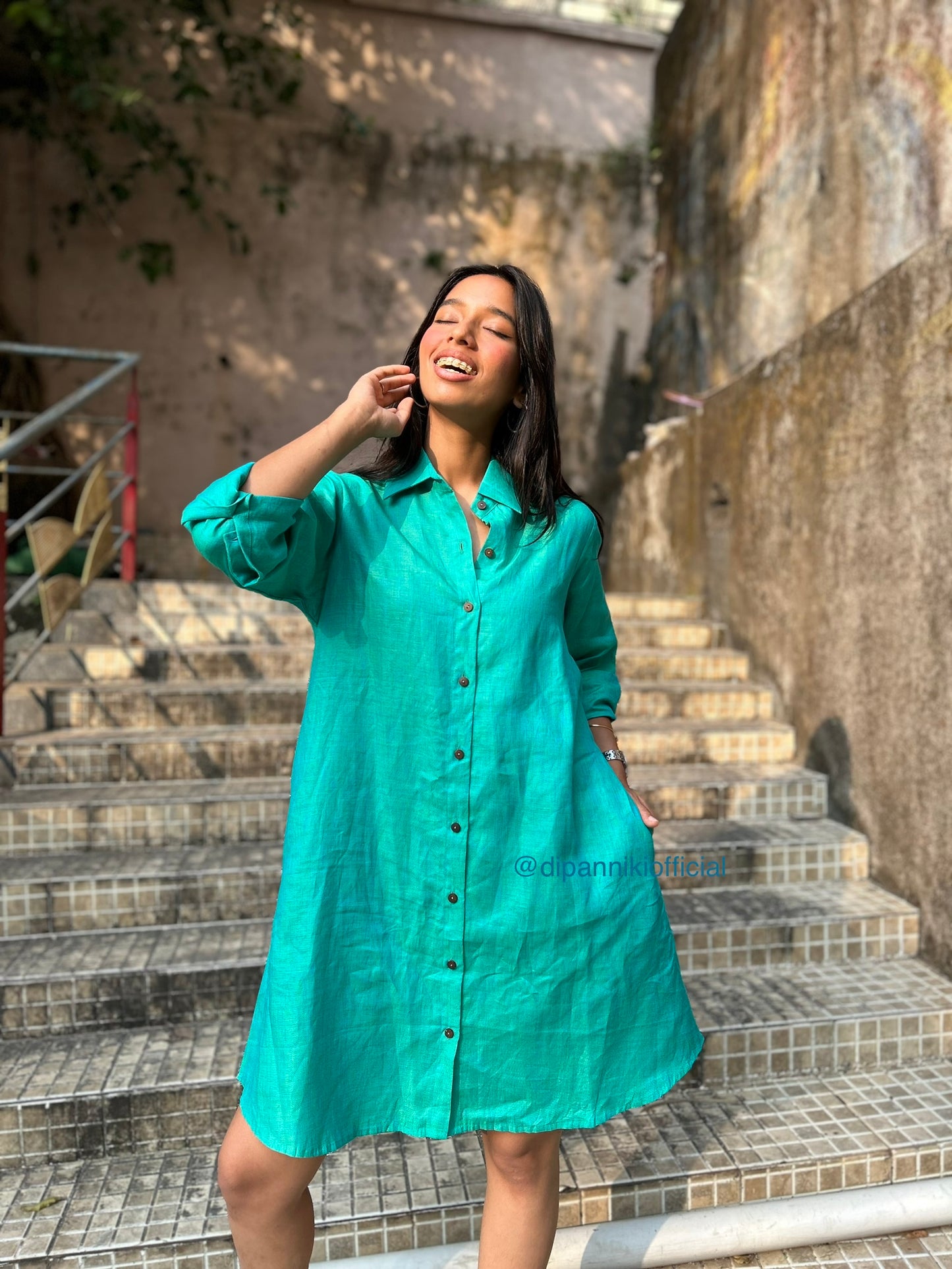 Aqua jasmine Linen Shirt Dress