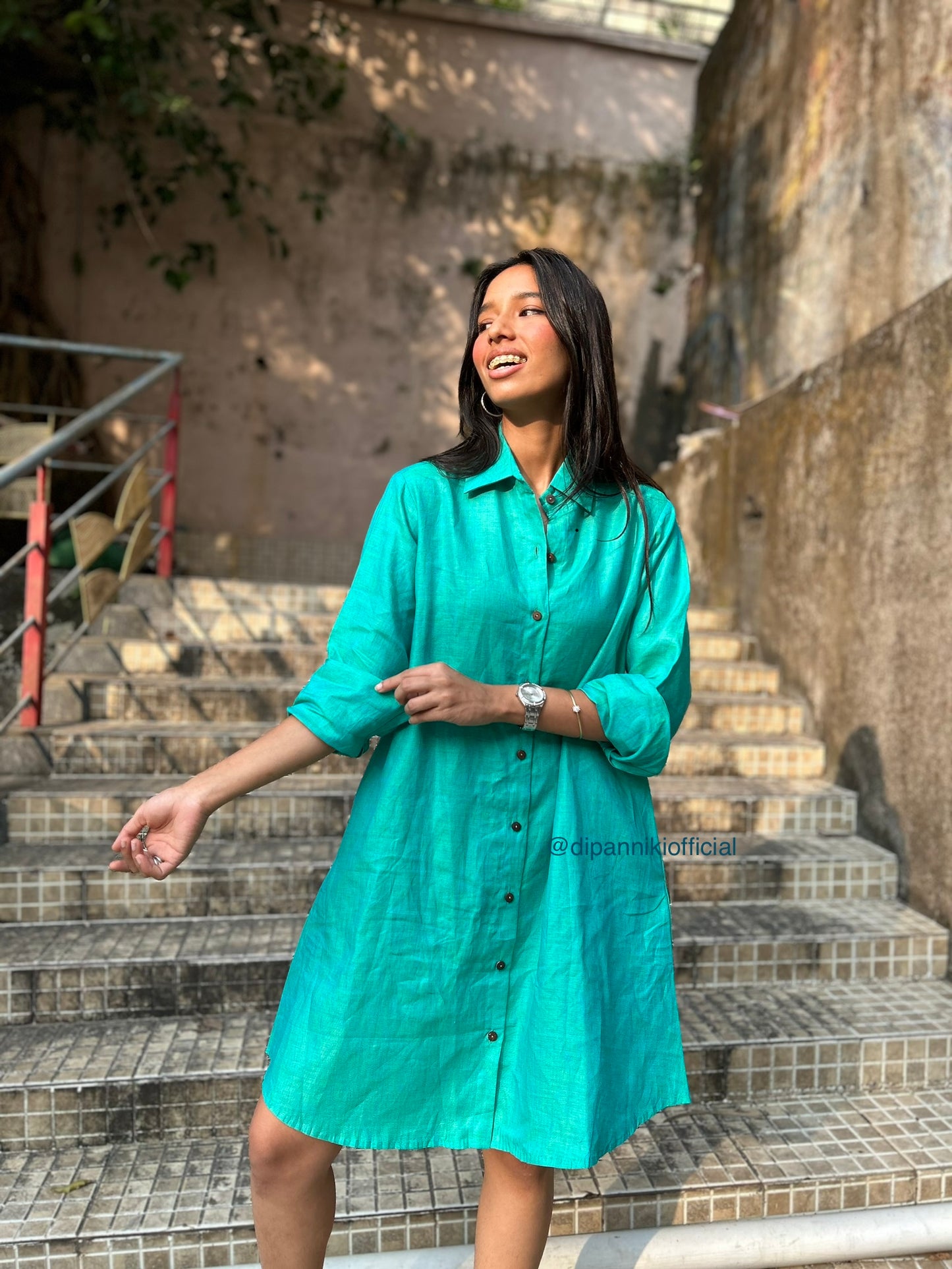 Aqua jasmine Linen Shirt Dress