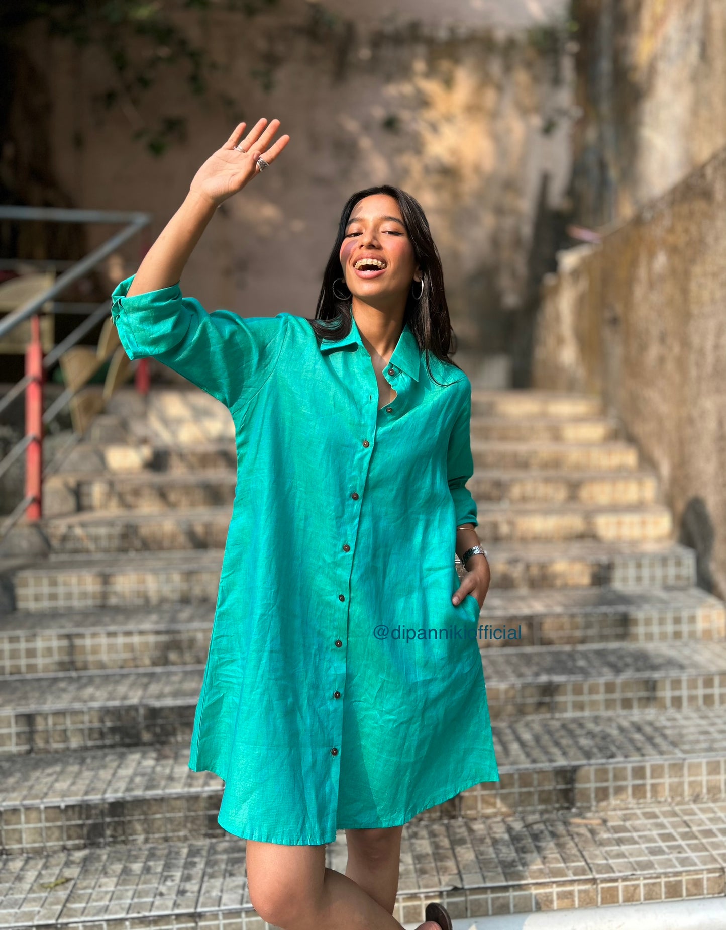 Aqua jasmine Linen Shirt Dress